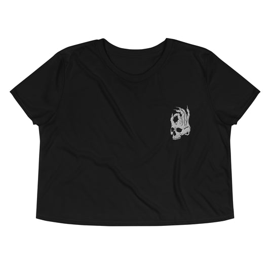 Hellbeing embroidered skull logo womens black flowy crop-top