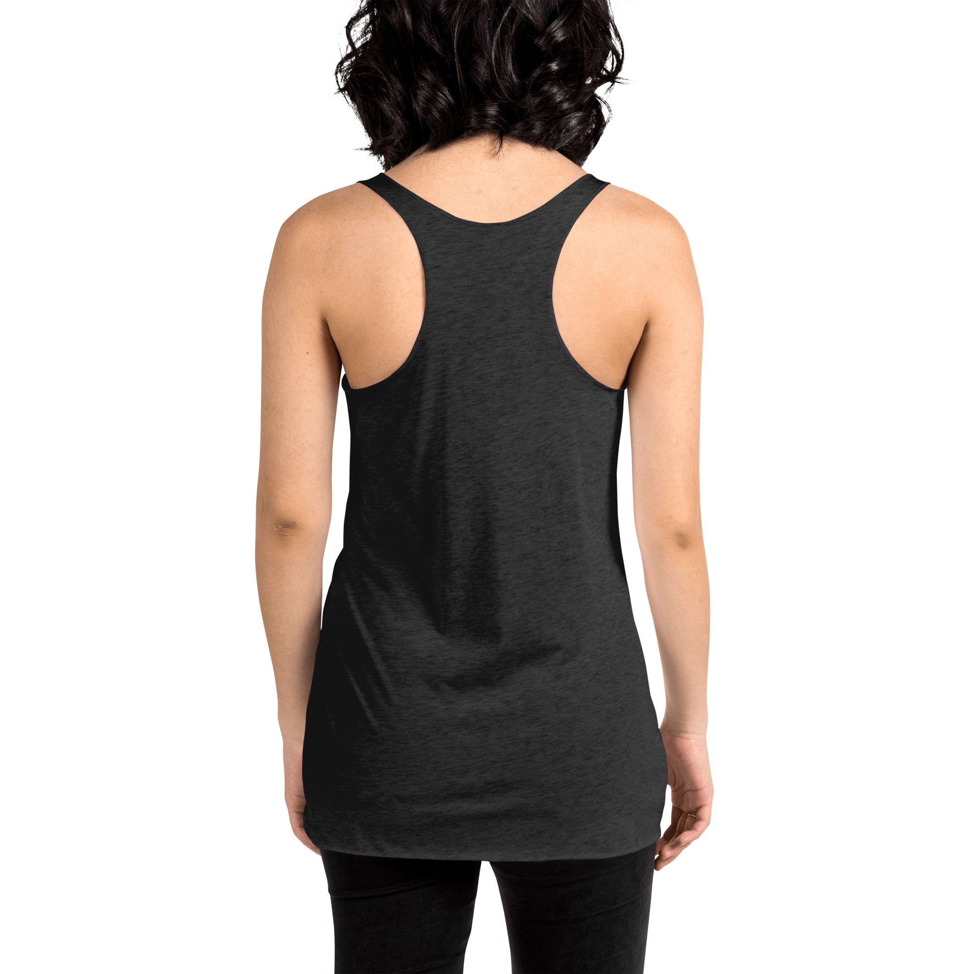 Hellbeing skull logo racerback tank in black, back view