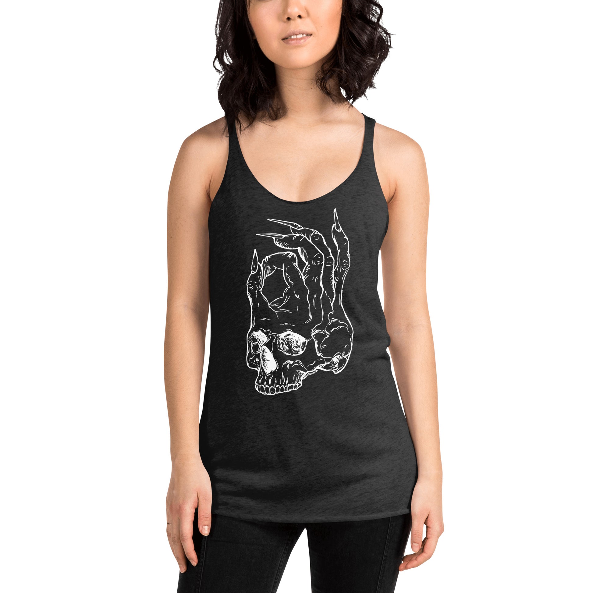 Hellbeing womens skull logo racerback tank top in vintage black from the front