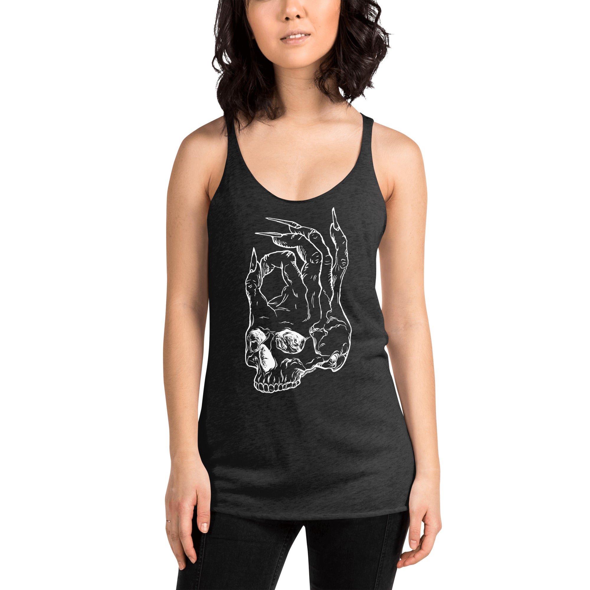 Hellbeing skull logo racerback tank in black, front view
