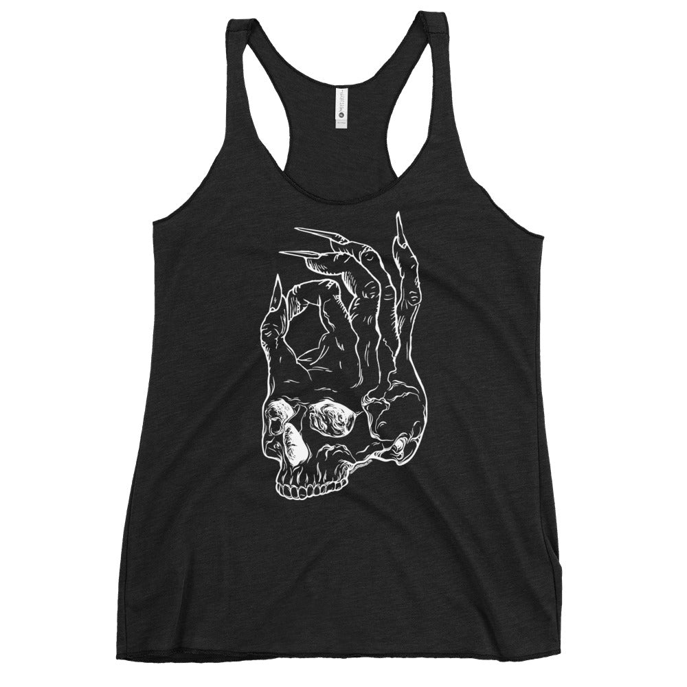 Hellbeing womens skull logo racerback tank top in vintage black laying flat front view