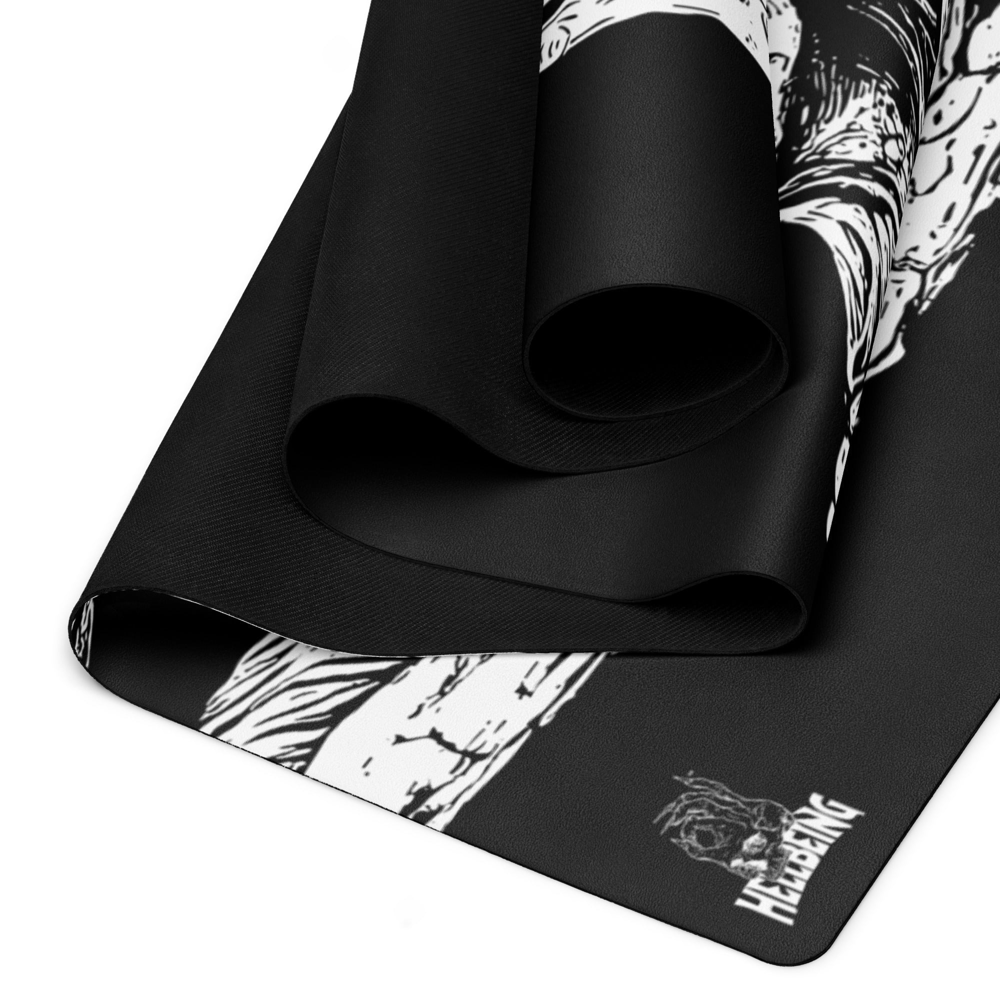 Hellbeing meditating skull yoga mat, rolled side view