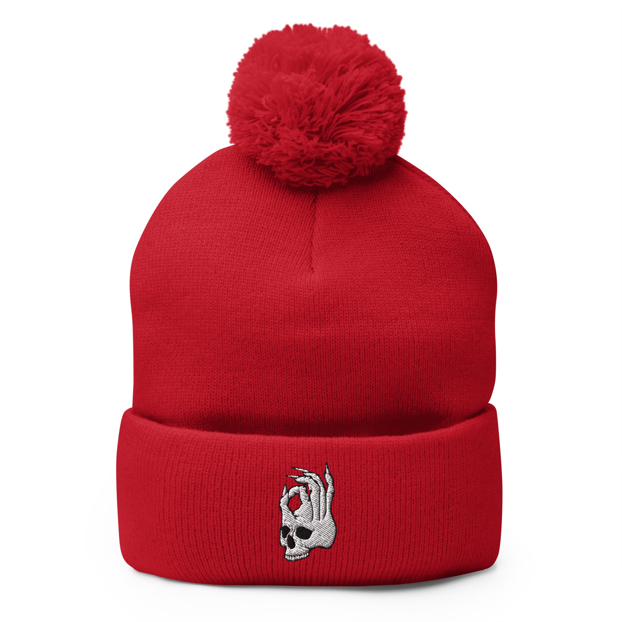 Hellbeing red pom-pom beanie, front view