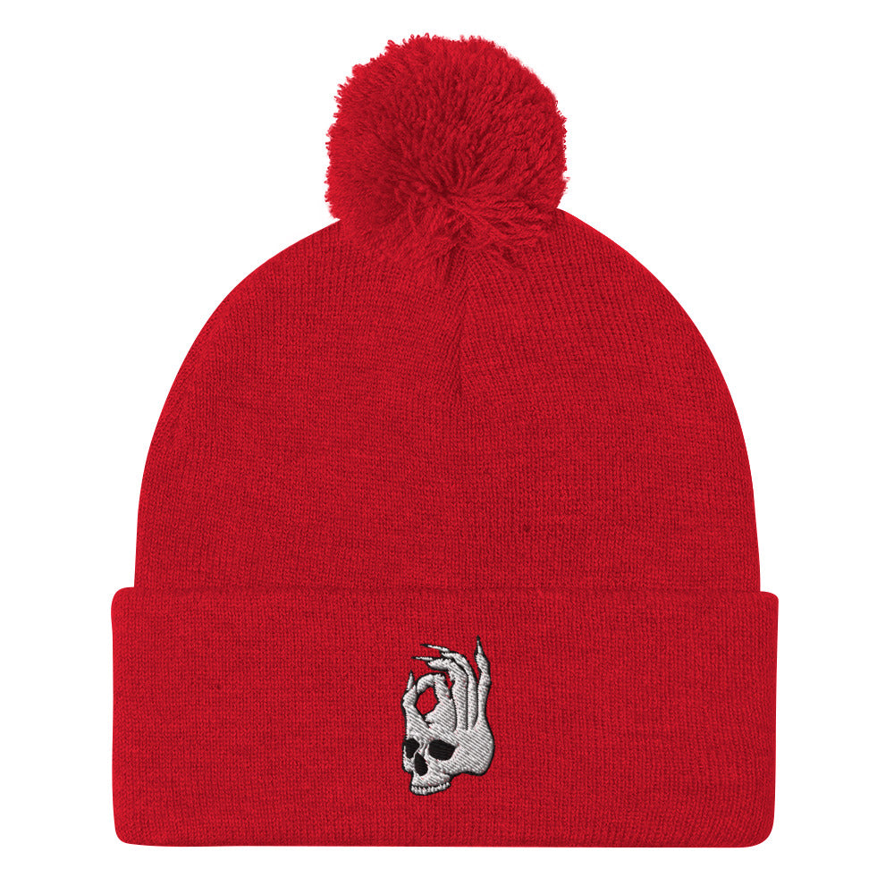 Hellbeing red pom-pom beanie, alternate front view