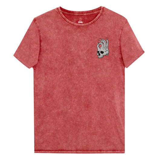 Hellbeing Skull logo embroidered red Denim T-Shirt