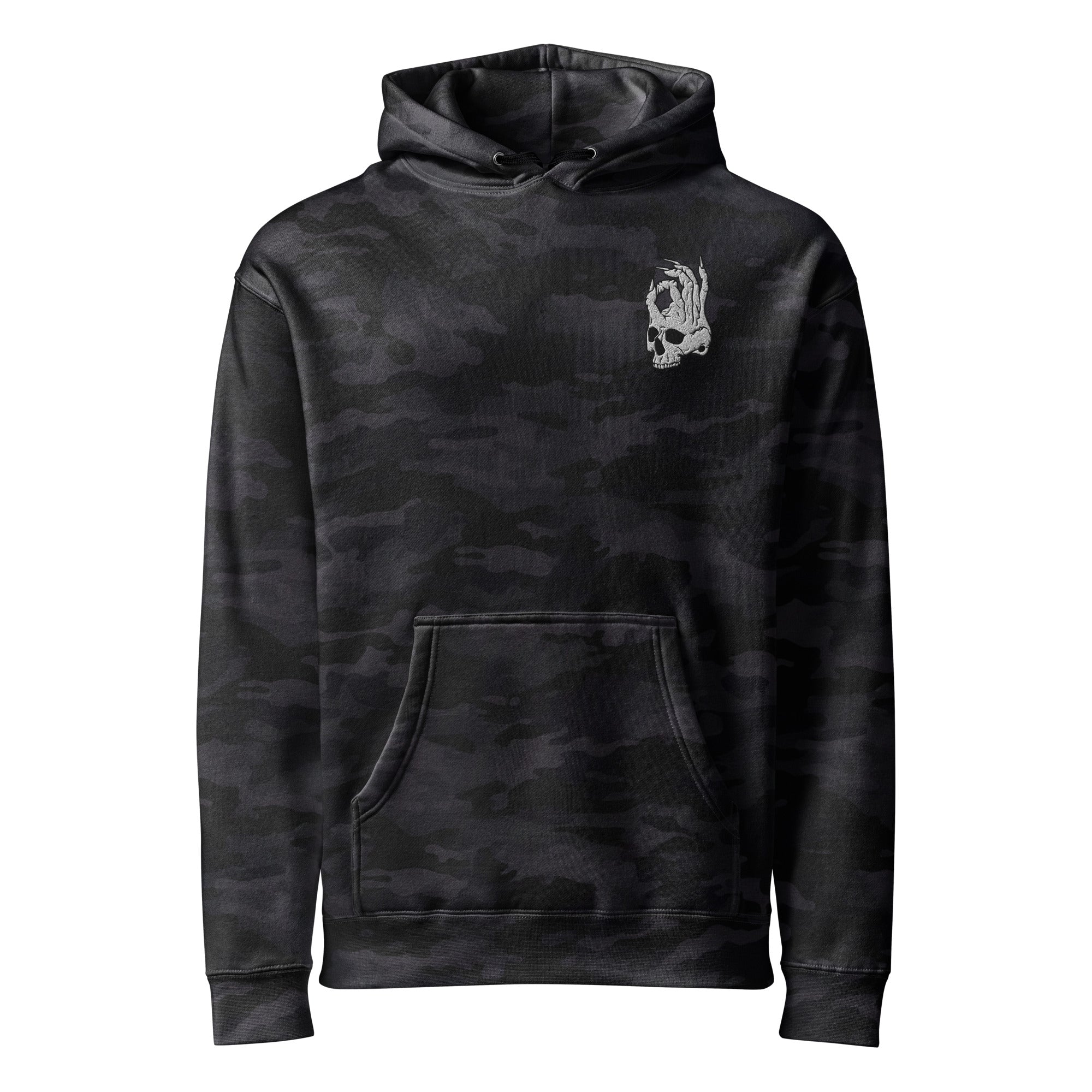 Hellbeing skull black camo heavyweight hoodie, front view
