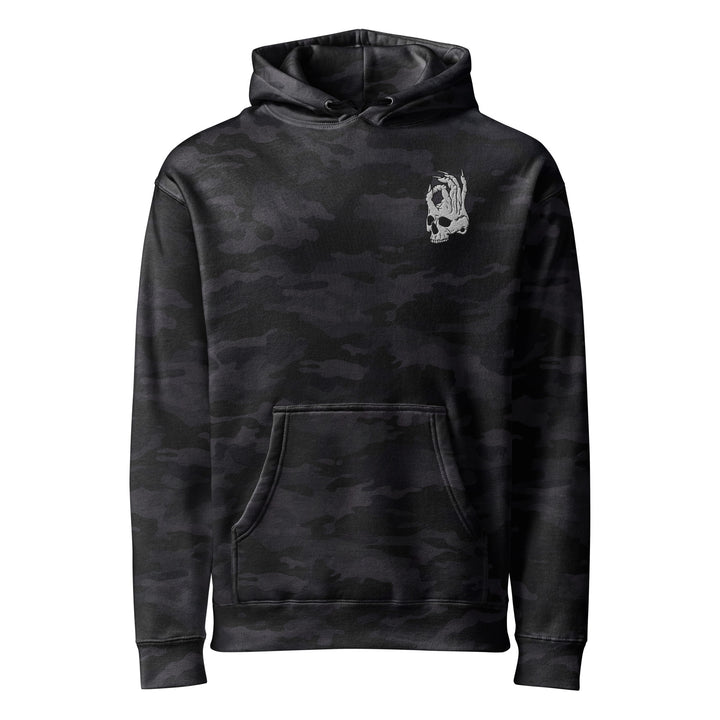 Hellbeing skull black camo heavyweight hoodie, front view