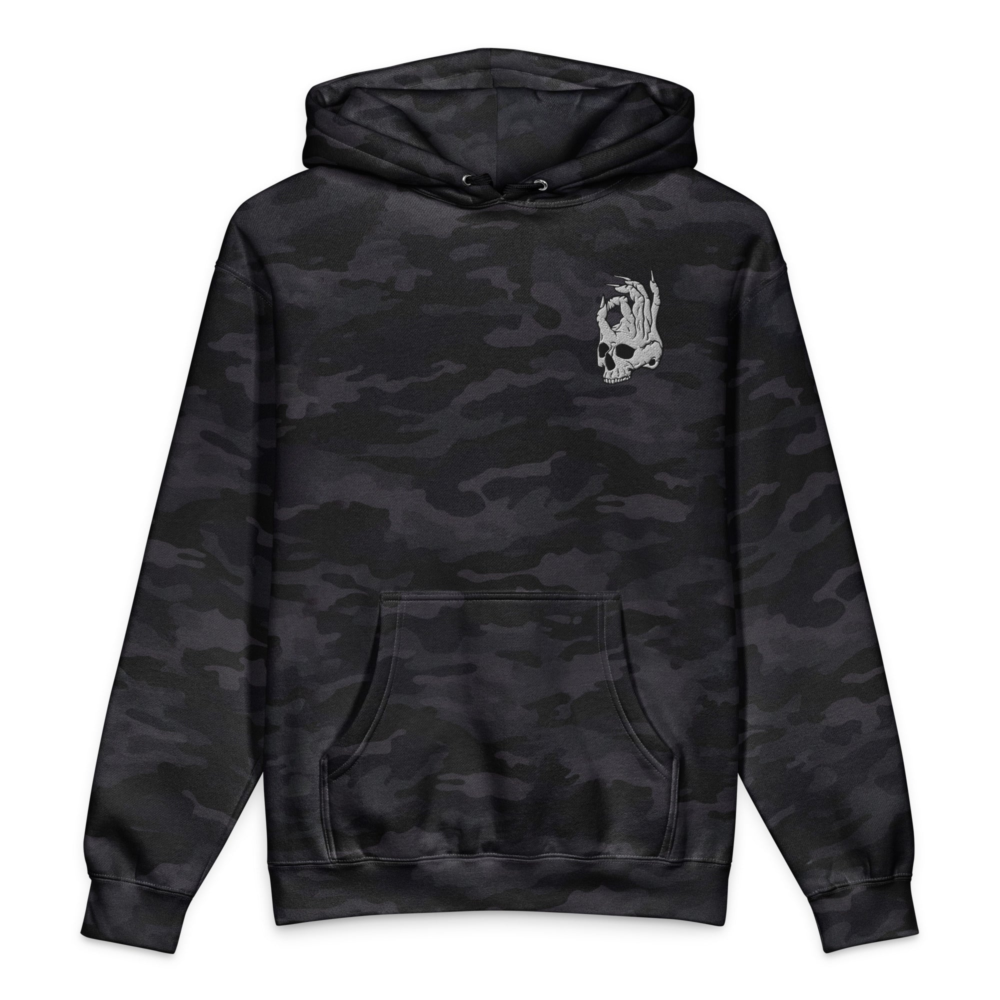 Hellbeing skull black camo heavyweight hoodie, front detail