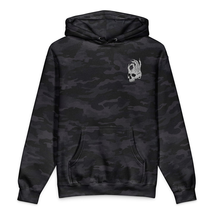 Hellbeing skull black camo heavyweight hoodie, front detail