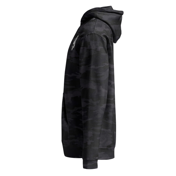 Hellbeing skull black camo heavyweight hoodie, left side view