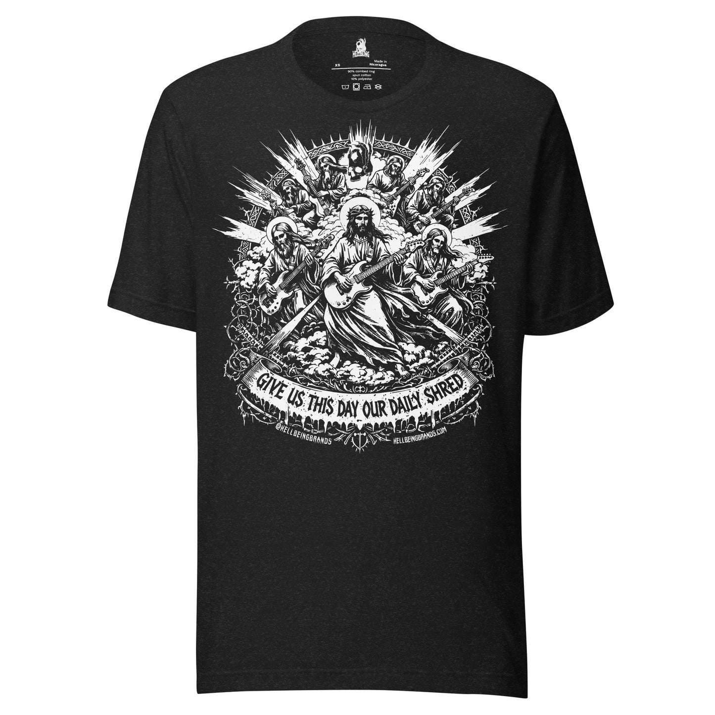 Hellbeing Give Us This Day Our Daily Shred black heather t-shirt, front view