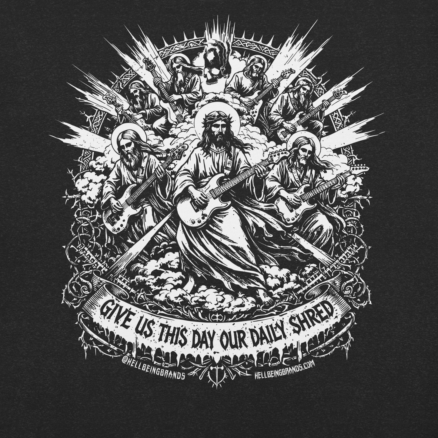 Hellbeing Give Us This Day Our Daily Shred black heather t-shirt, alternate front view