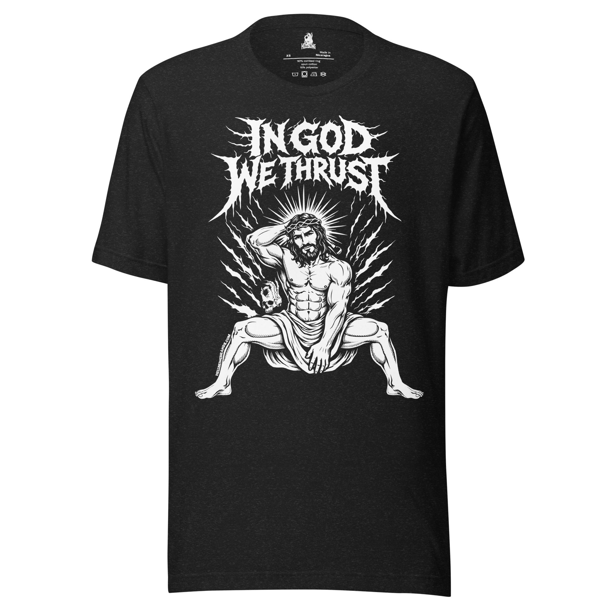 Hellbeing In God We Thrust black heather t-shirt, front view