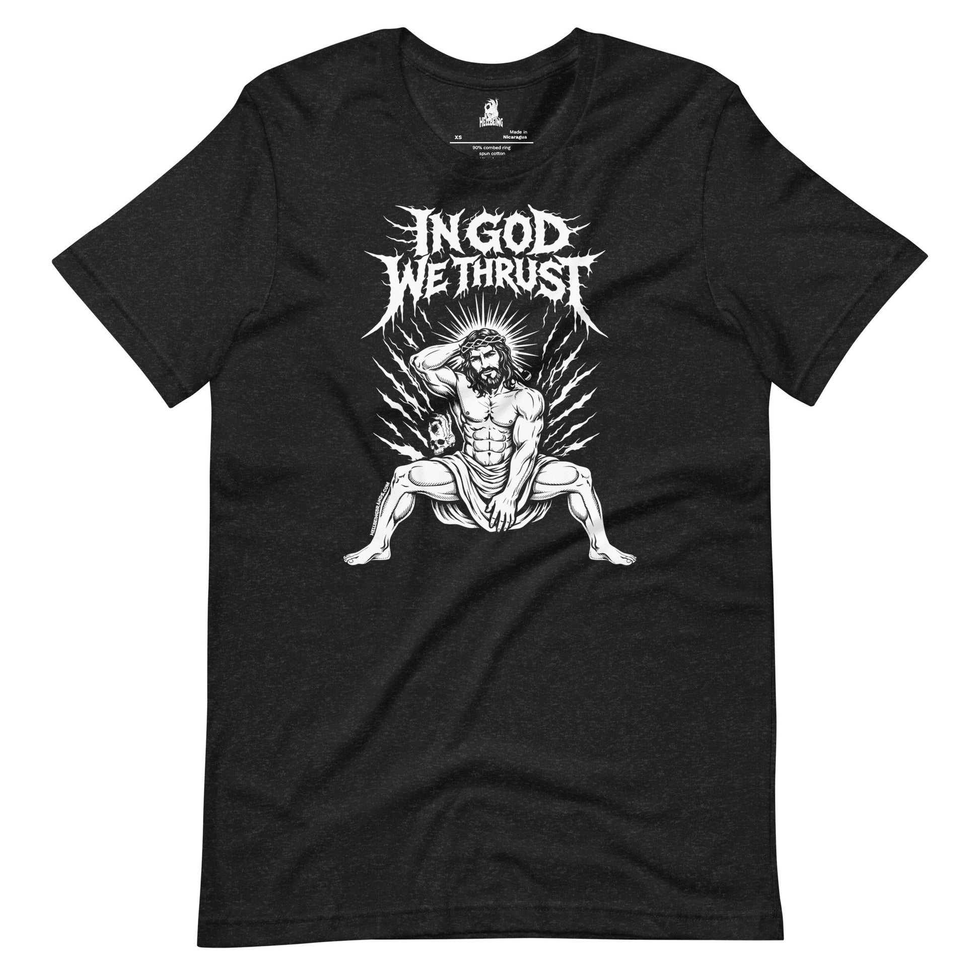 Hellbeing In God We Thrust black heather t-shirt, alternate front view