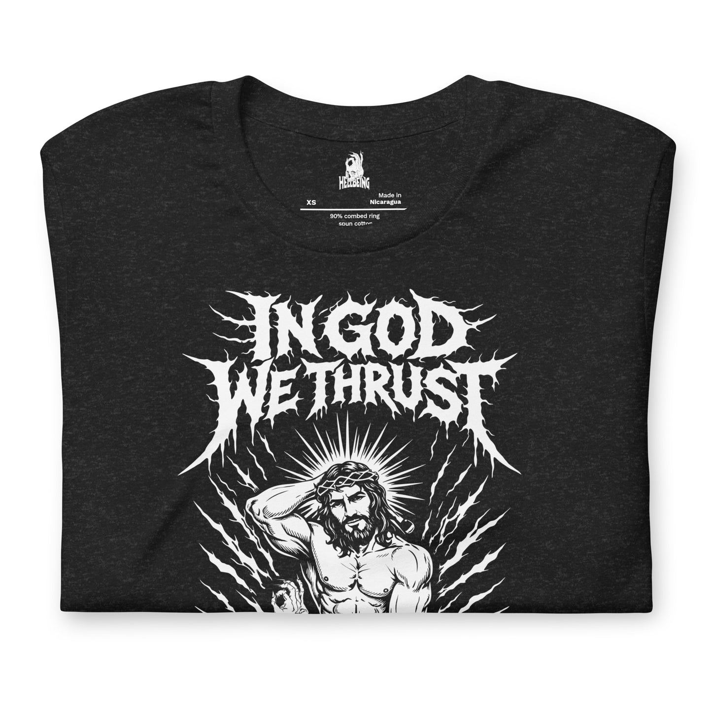 Hellbeing In God We Thrust black heather t-shirt, front design view