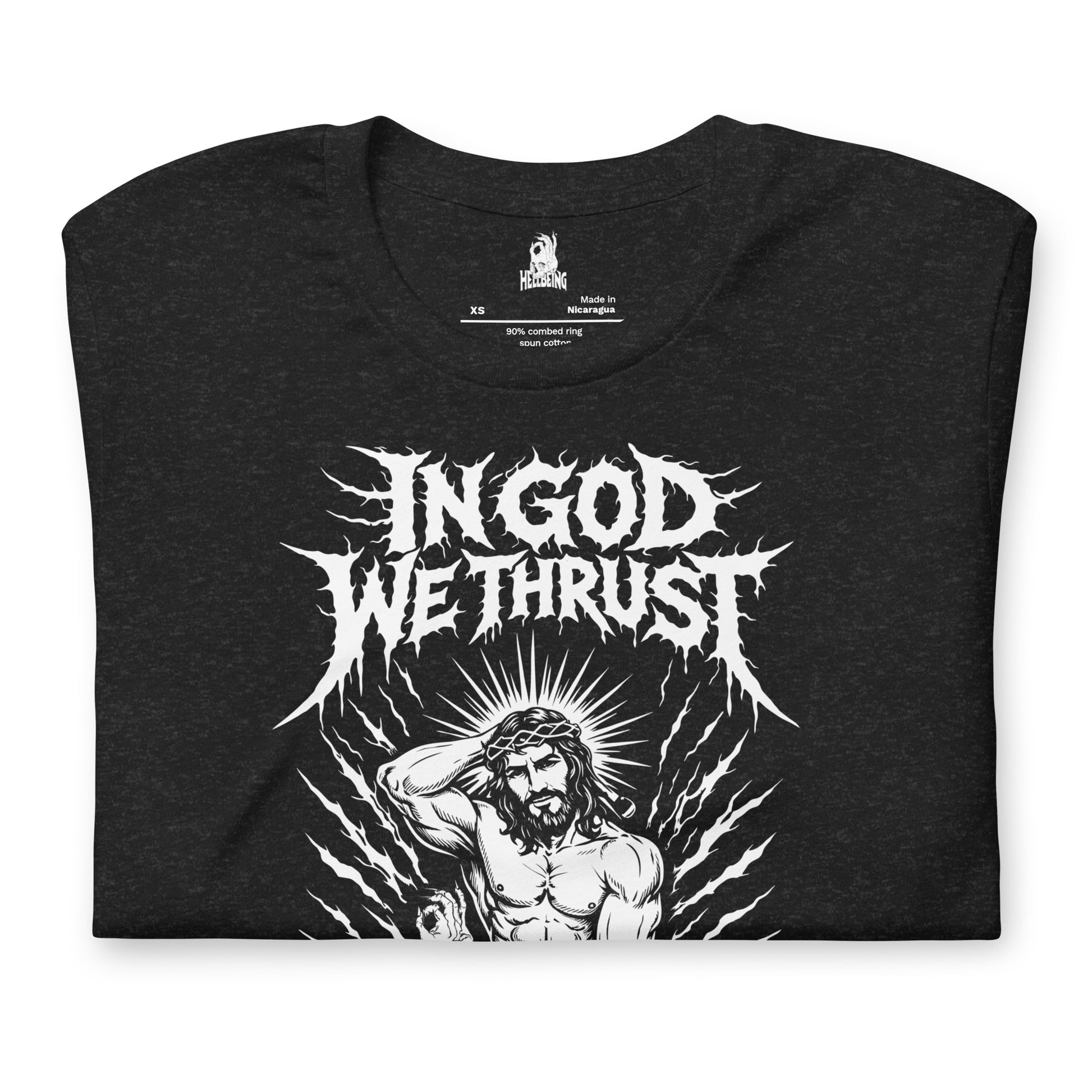 Hellbeing In God We Thrust black heather t-shirt, front design view