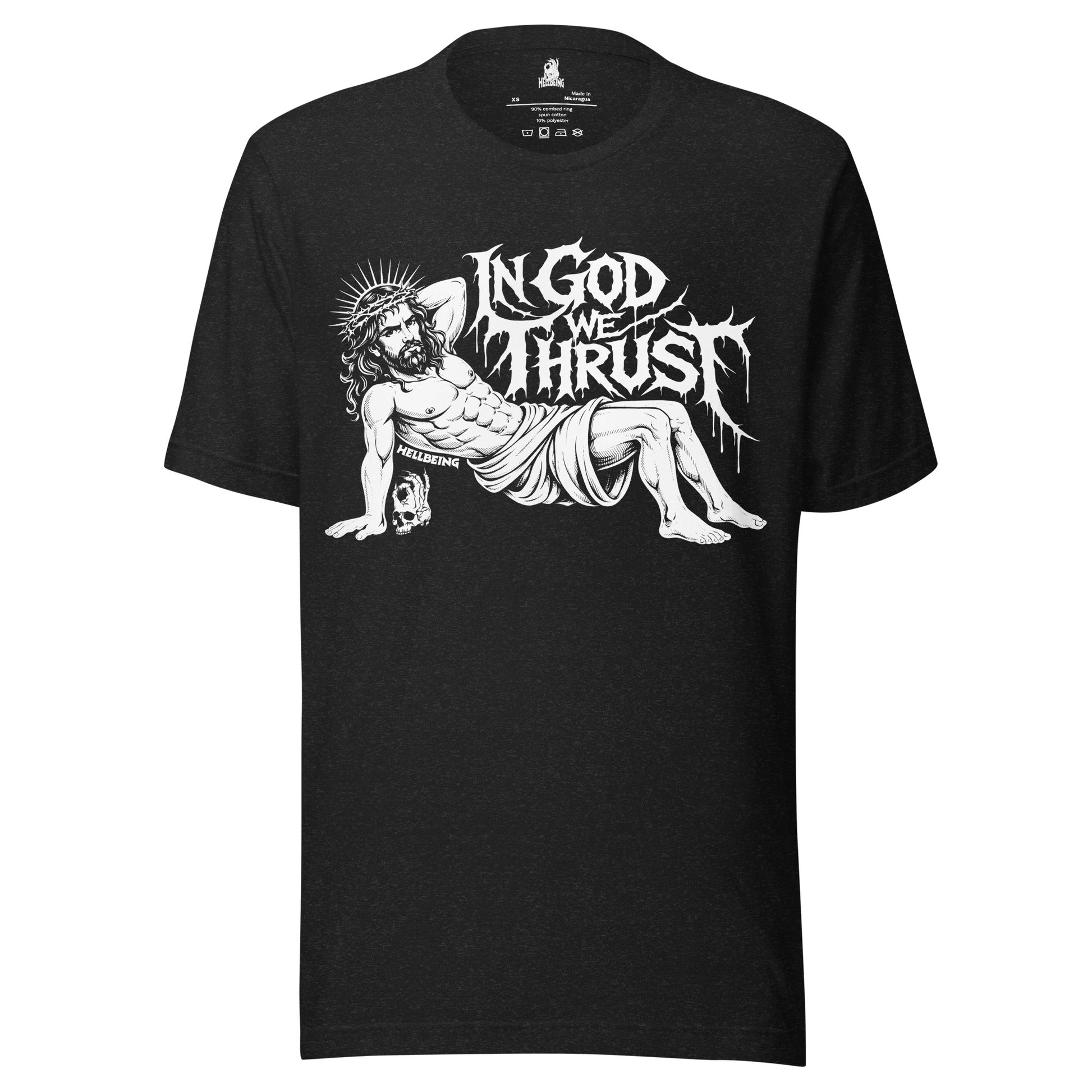 Hellbeing In God We Thrust Part 2 black heather t-shirt, front view