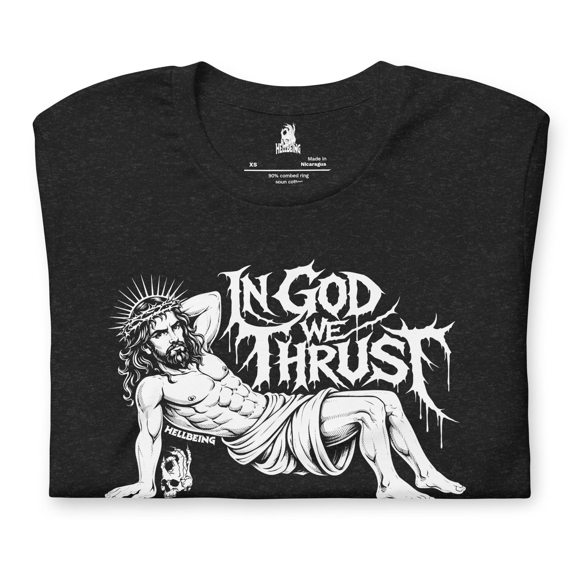 Hellbeing In God We Thrust Part 2 black heather t-shirt, front design view