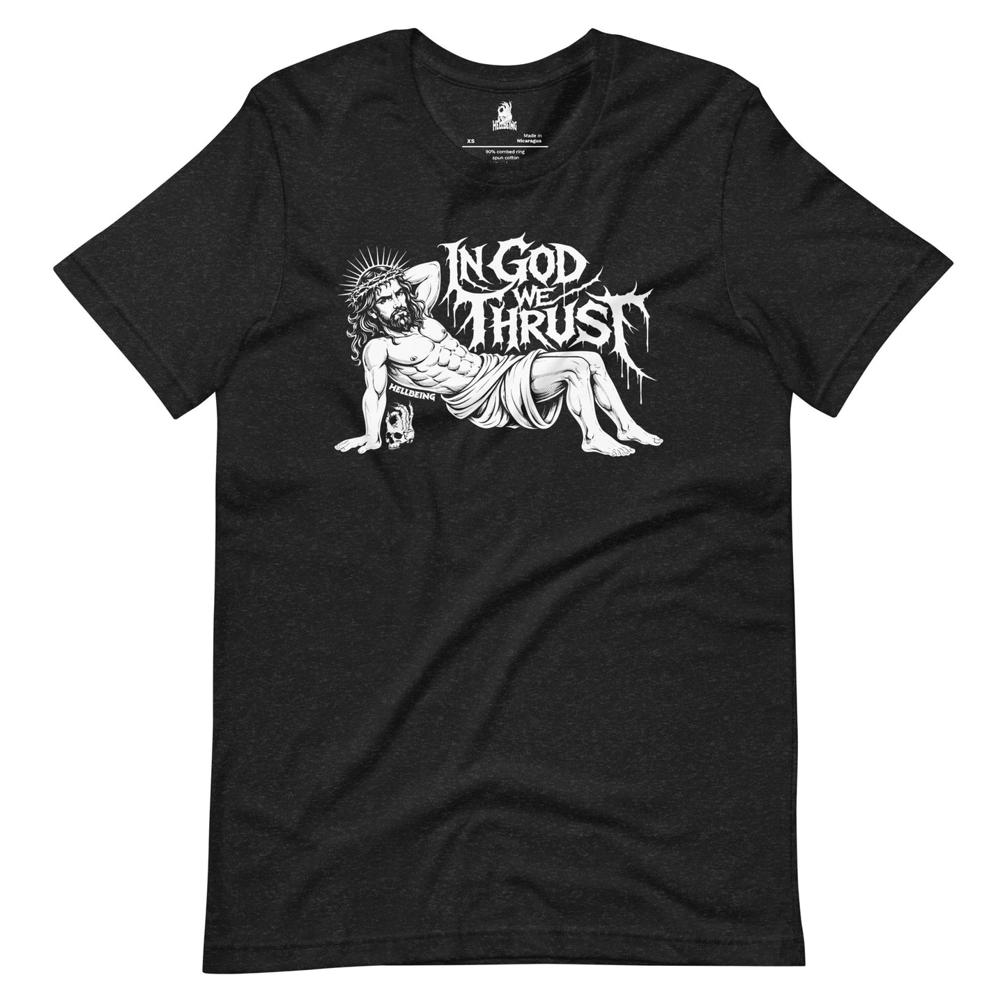Hellbeing In God We Thrust Part 2 black heather t-shirt, front detail view