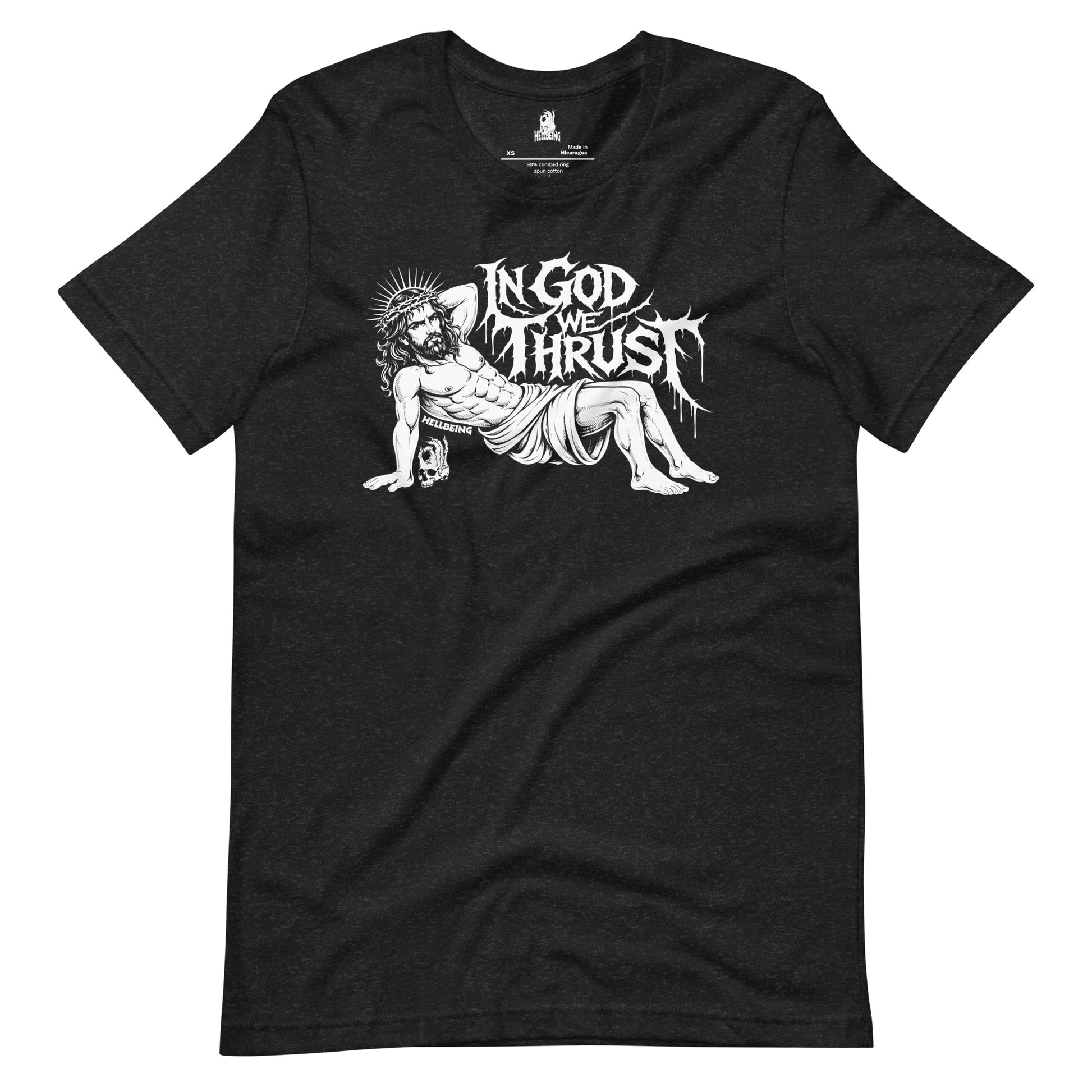 Hellbeing In God We Thrust Part 2 black heather t-shirt, front detail view