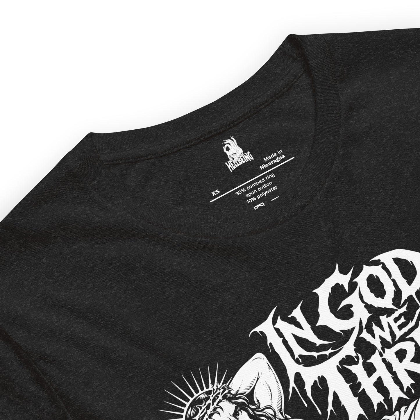Hellbeing In God We Thrust Part 2 black heather t-shirt, fabric and label detail