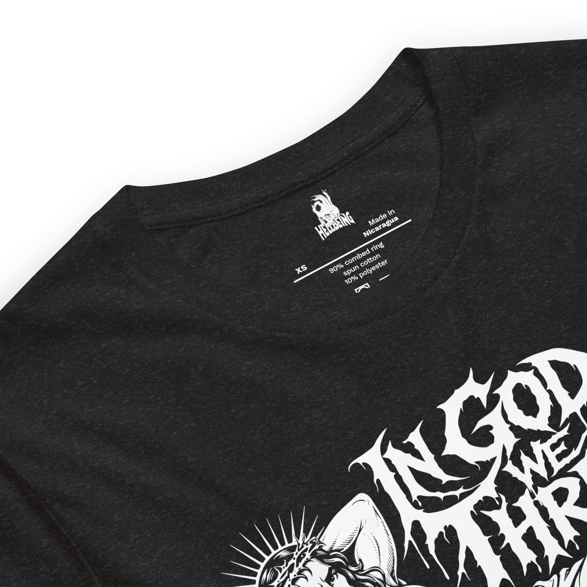 Hellbeing In God We Thrust Part 2 black heather t-shirt, fabric and label detail