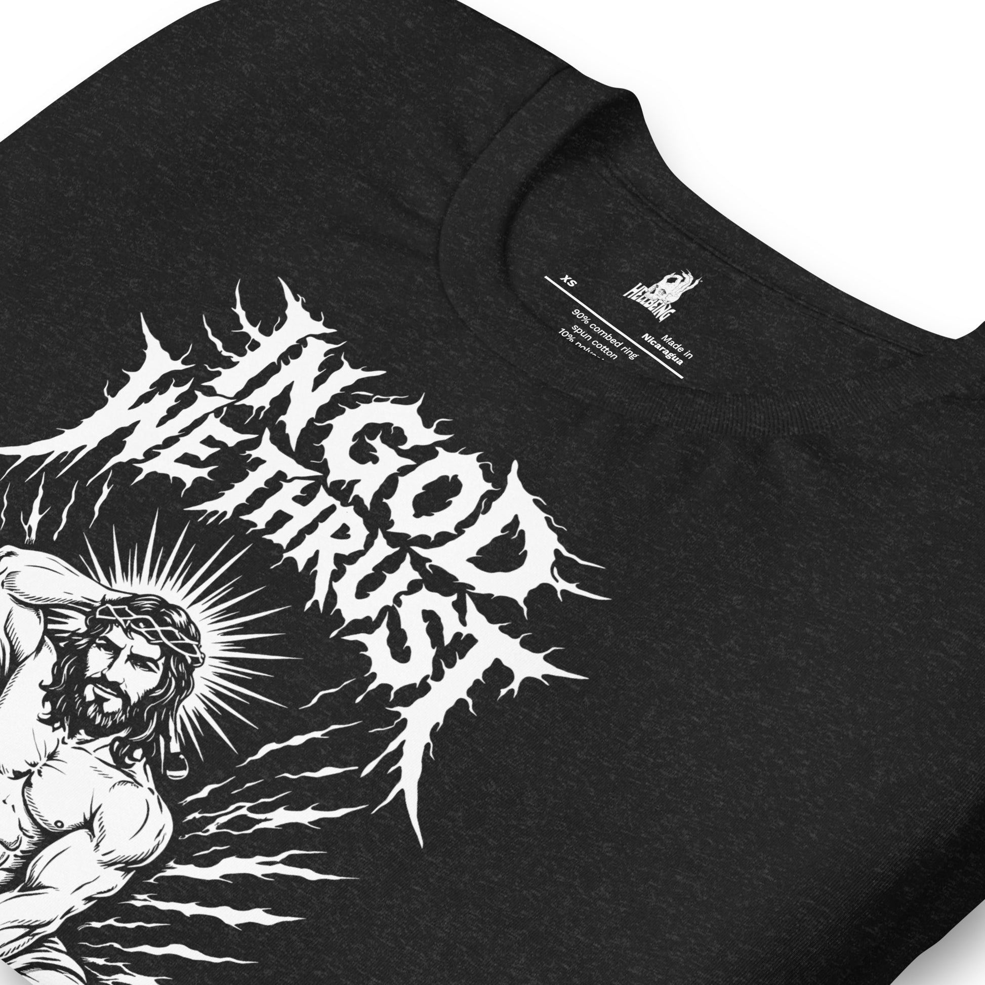 Hellbeing In God We Thrust black heather t-shirt, close-up print detail