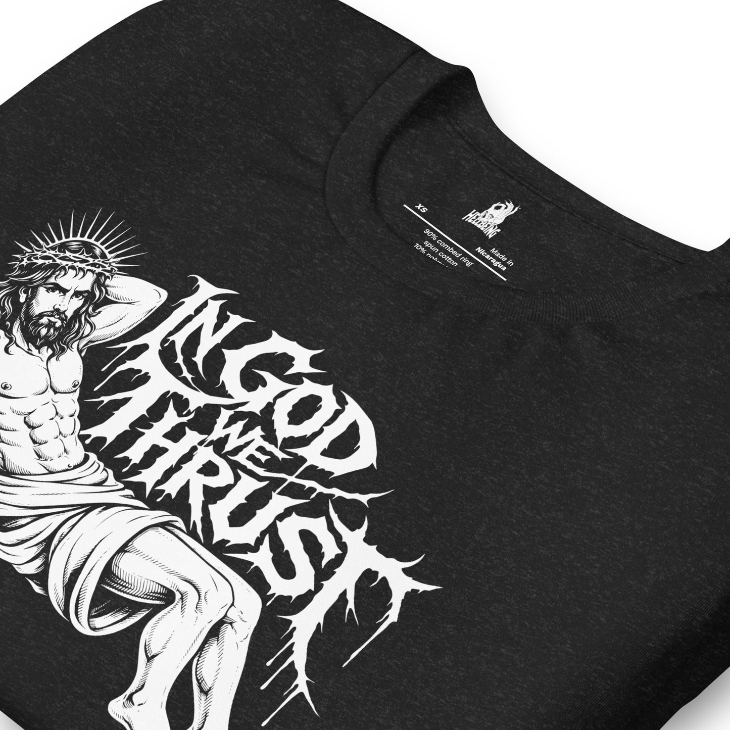 Hellbeing In God We Thrust Part 2 black heather t-shirt, close-up print detail