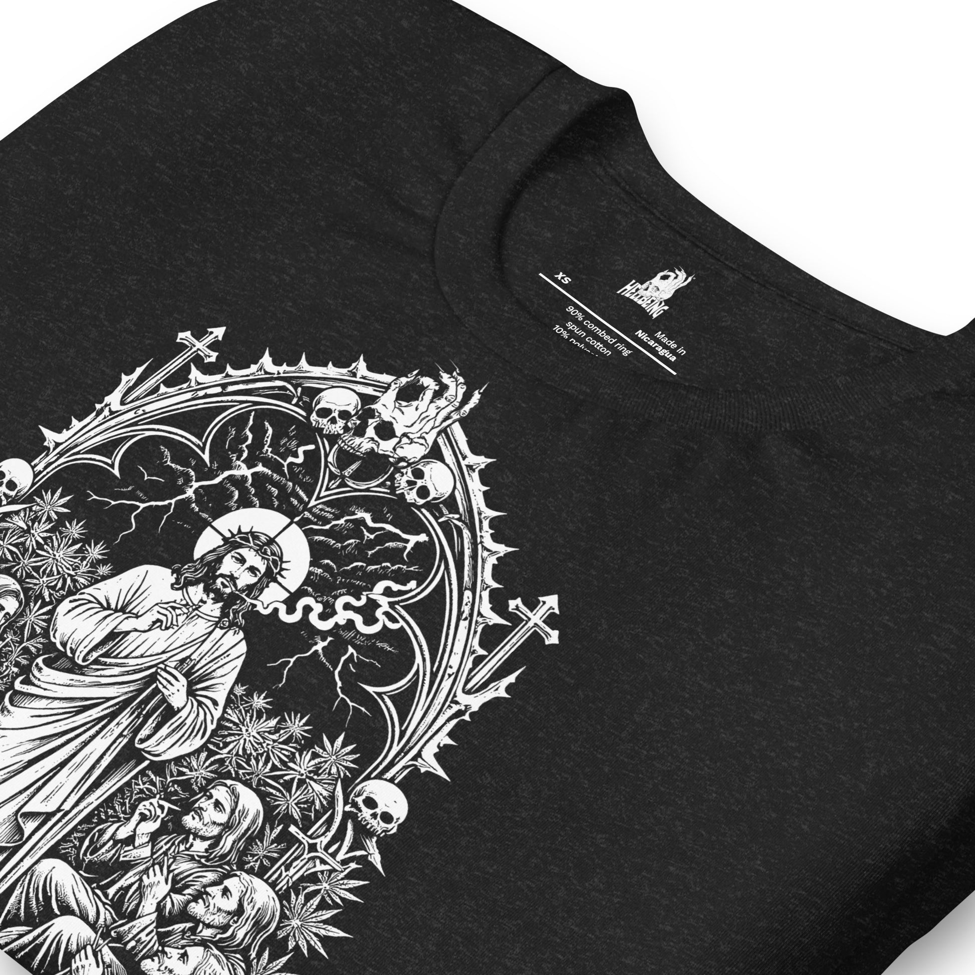 Hellbeing Hallowed Be Thy Strain black heather t-shirt, close-up print detail