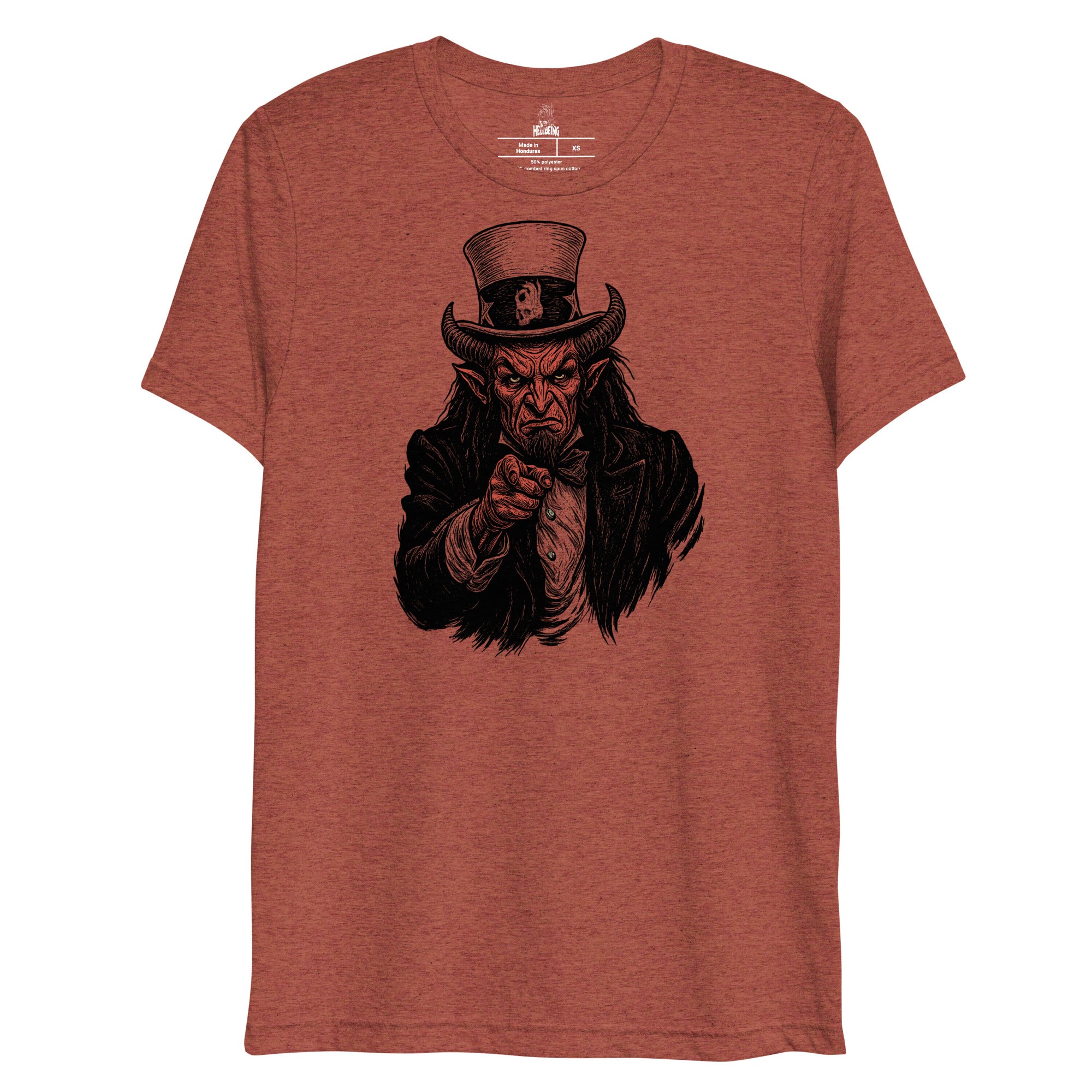 Hellbeing Uncle Satan rust tri-blend t-shirt, alternate front view