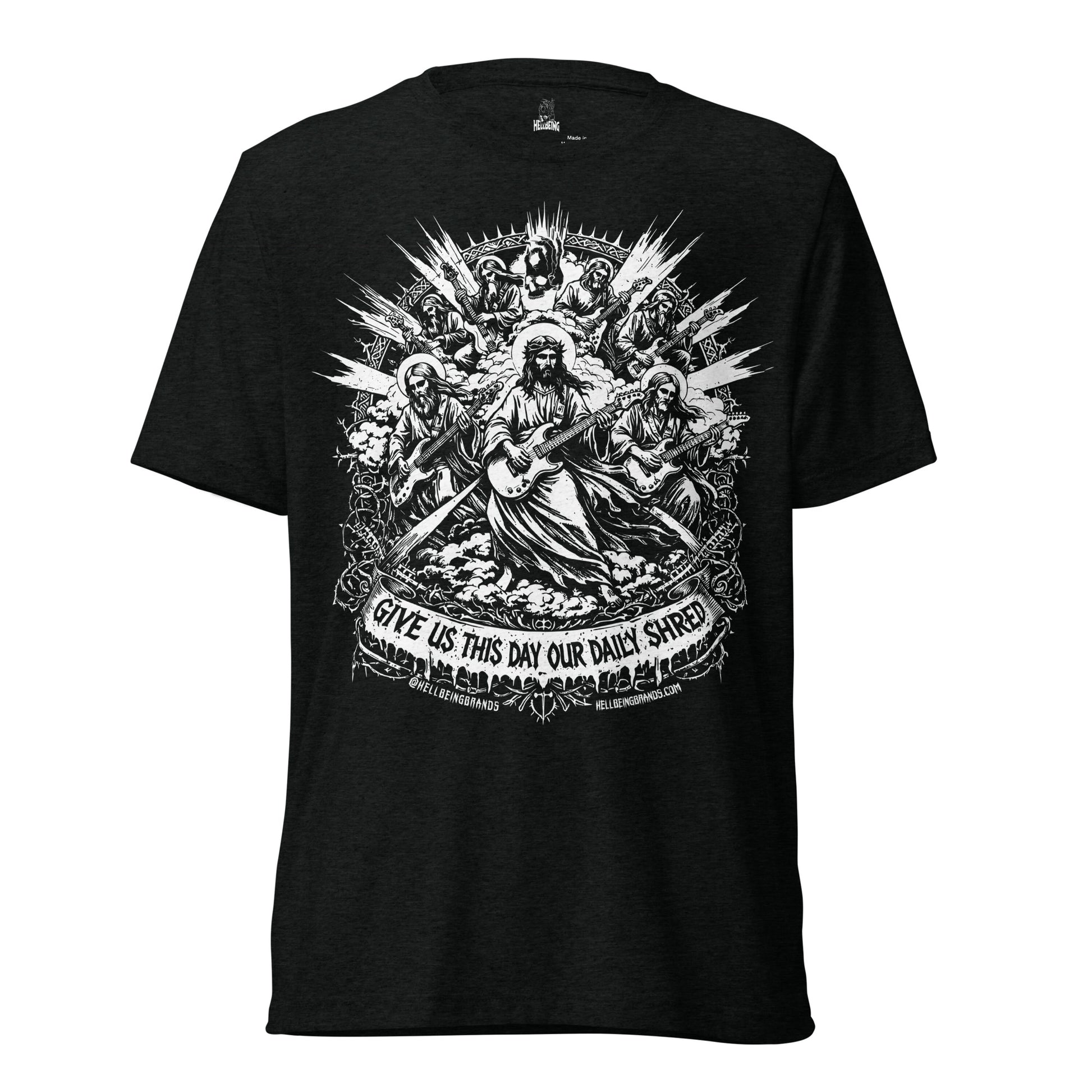 Hellbeing Give Us This Day Our Daily Shred solid black tri-blend t-shirt, front view