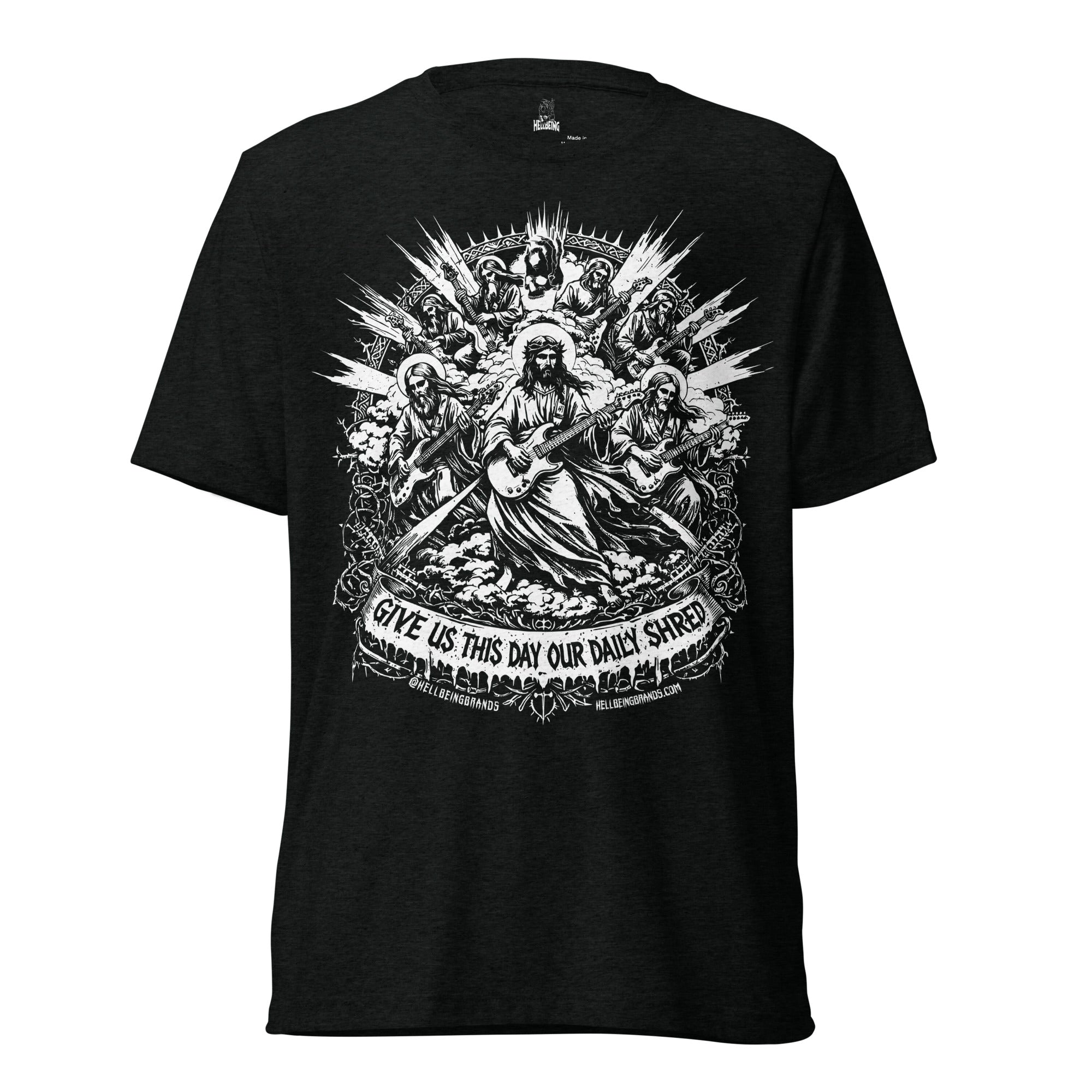 Give Us This Day Our Daily Shred tri-blend tee in black, front view