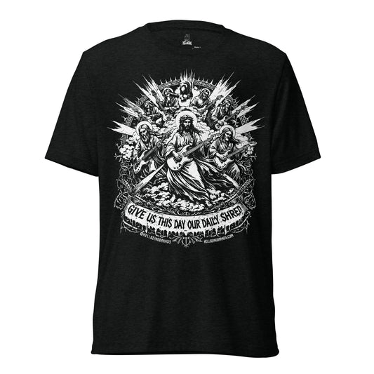 Hellbeing Give Us This Day Our Daily Shred solid black tri-blend t-shirt, front view