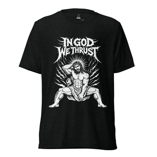Hellbeing In God We Thrust black tri-blend t-shirt, front view