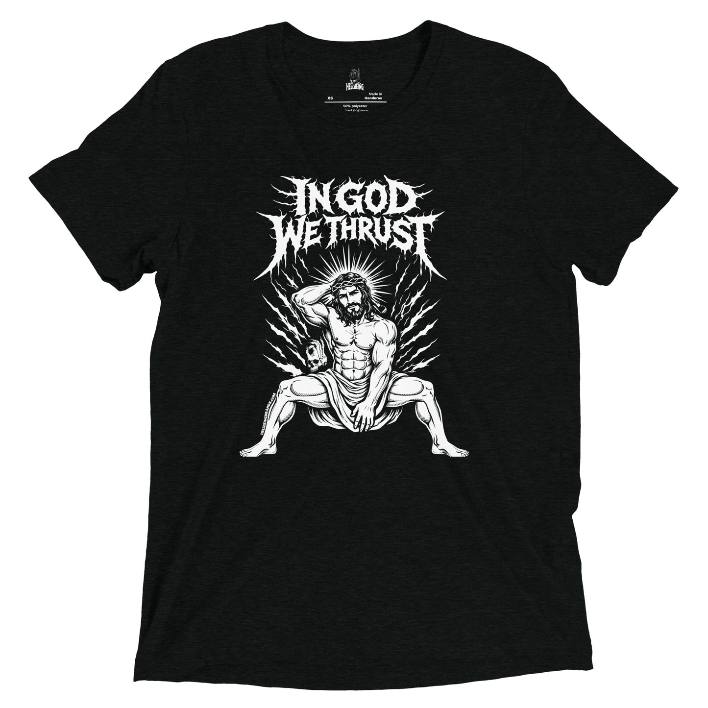 Hellbeing In God We Thrust black tri-blend t-shirt, alternate front view