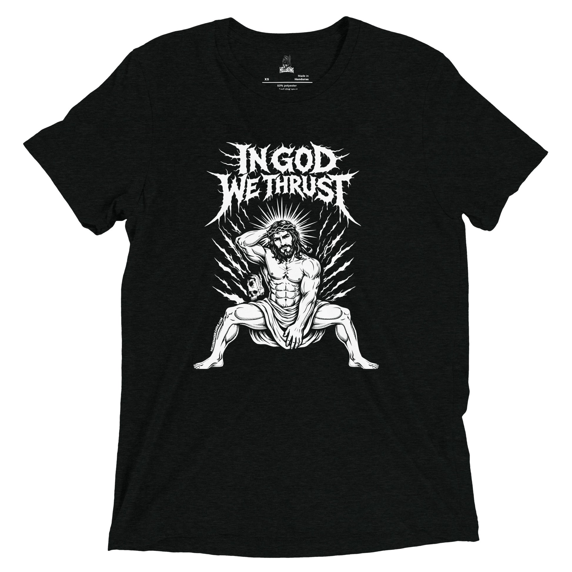Hellbeing In God We Thrust black tri-blend t-shirt, alternate front view