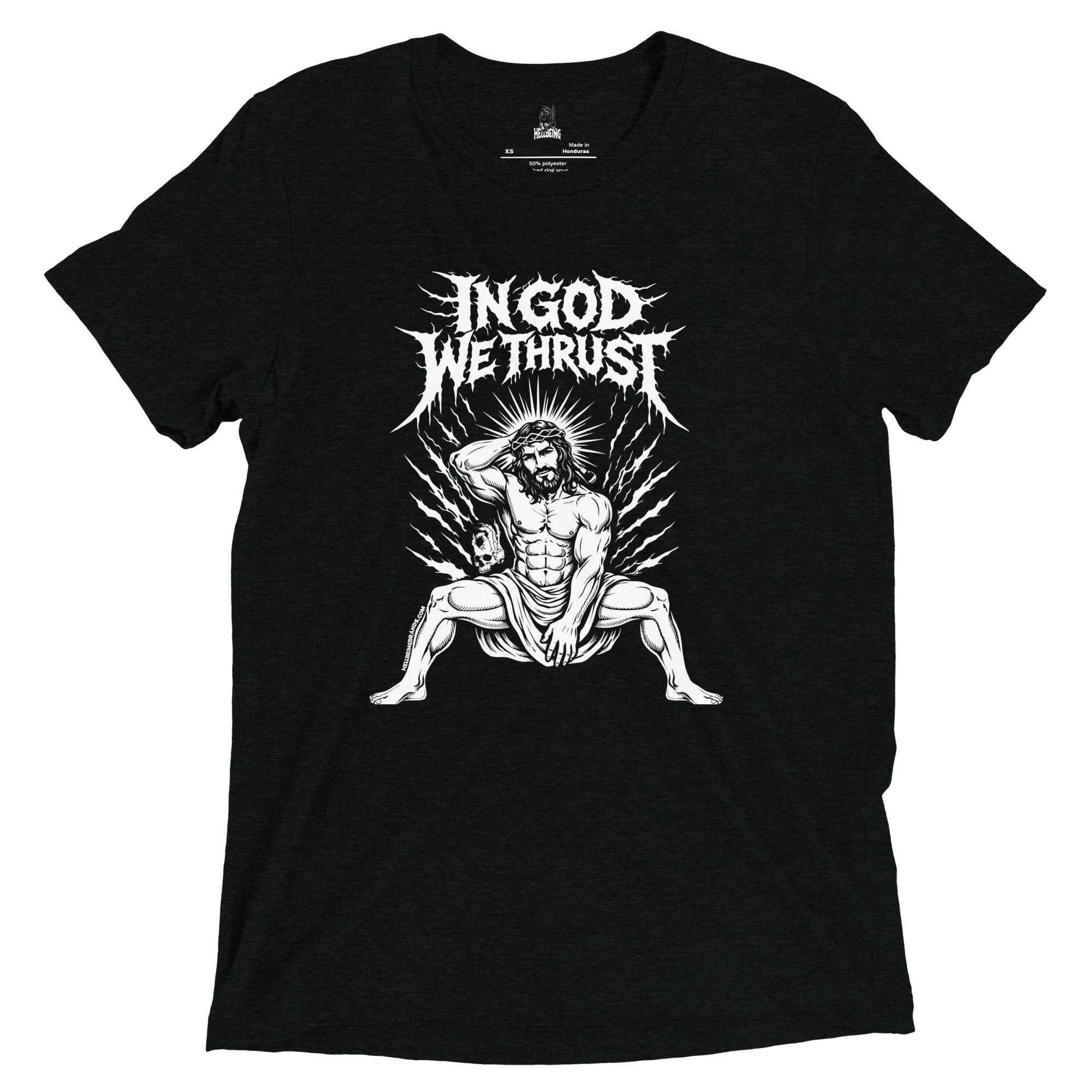 In God We Thrust tri-blend tee in black, front design view