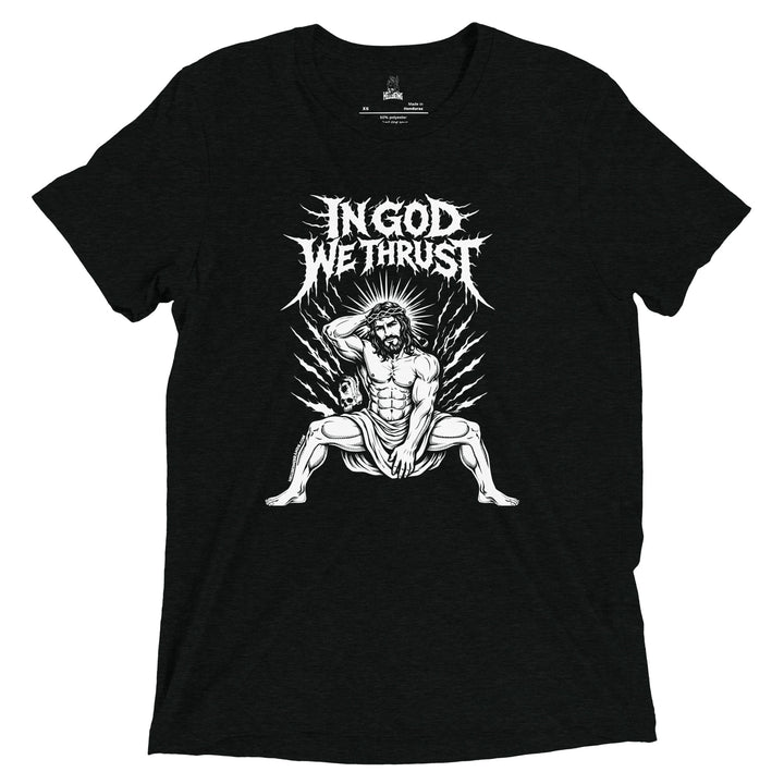 In God We Thrust tri-blend tee in black, front design view