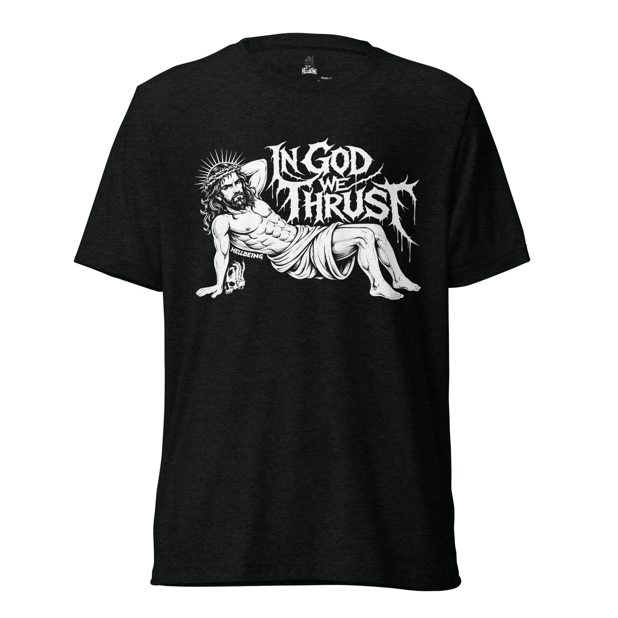 In God We Thrust Part 2 tri-blend tee in black, front view