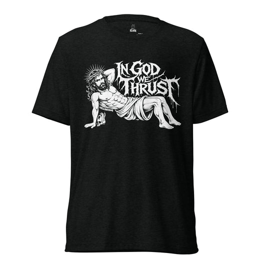 Hellbeing In God We Thrust Part 2 black tri-blend t-shirt, front view