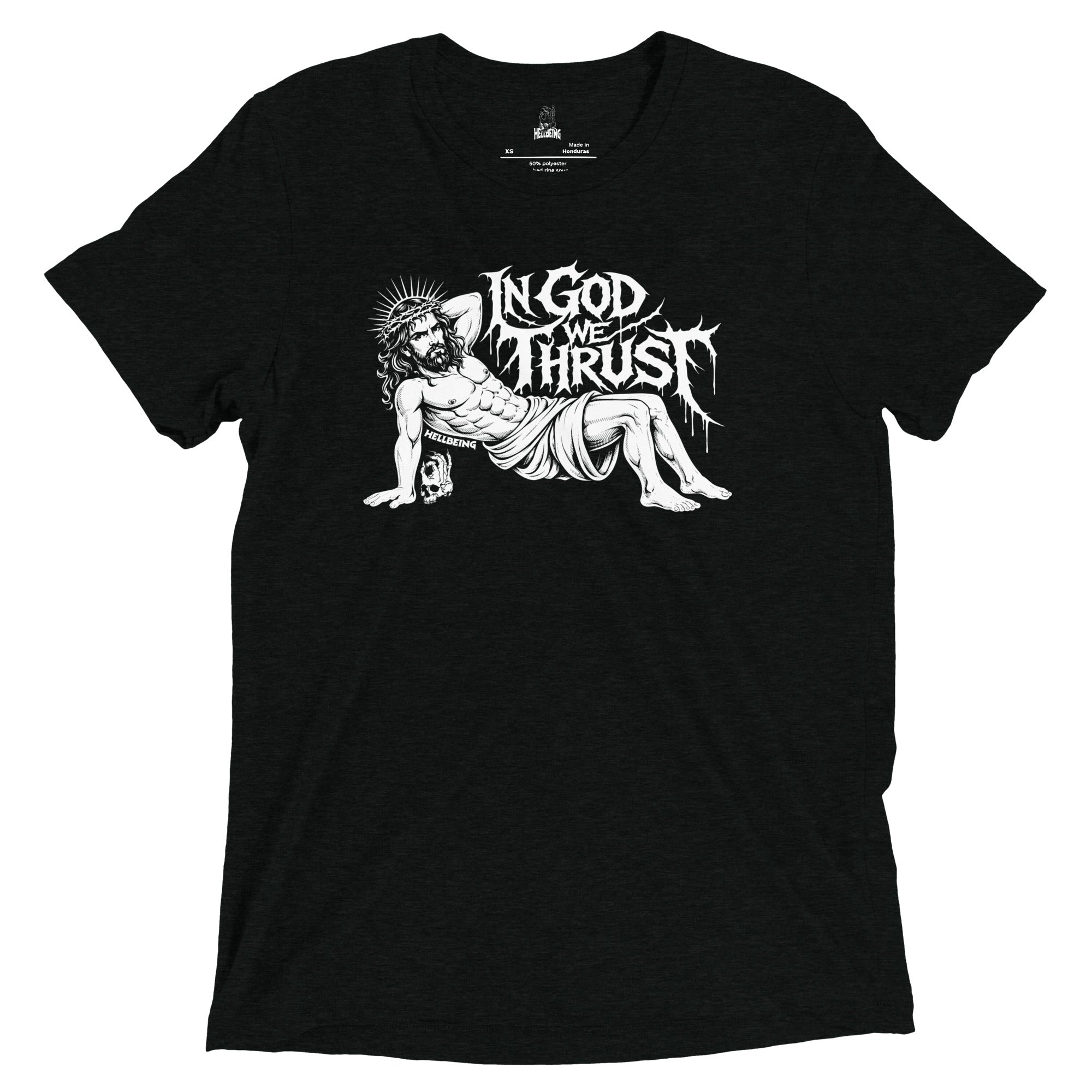 In God We Thrust Part 2 tri-blend tee in black, front design view