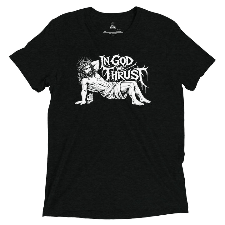 In God We Thrust Part 2 tri-blend tee in black, front design view