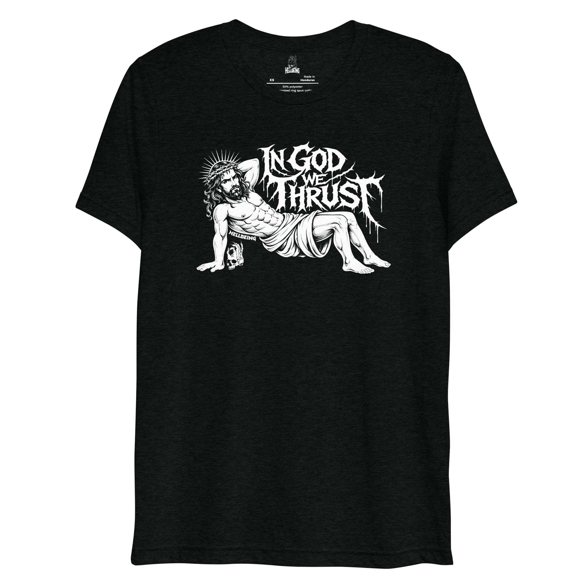 In God We Thrust Part 2 tri-blend tee in black, front close-up
