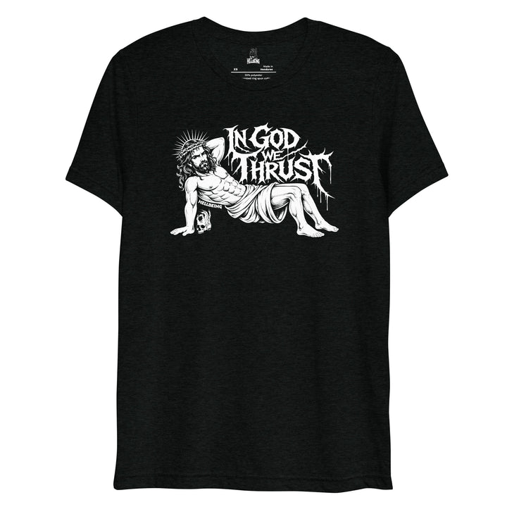 In God We Thrust Part 2 tri-blend tee in black, front close-up