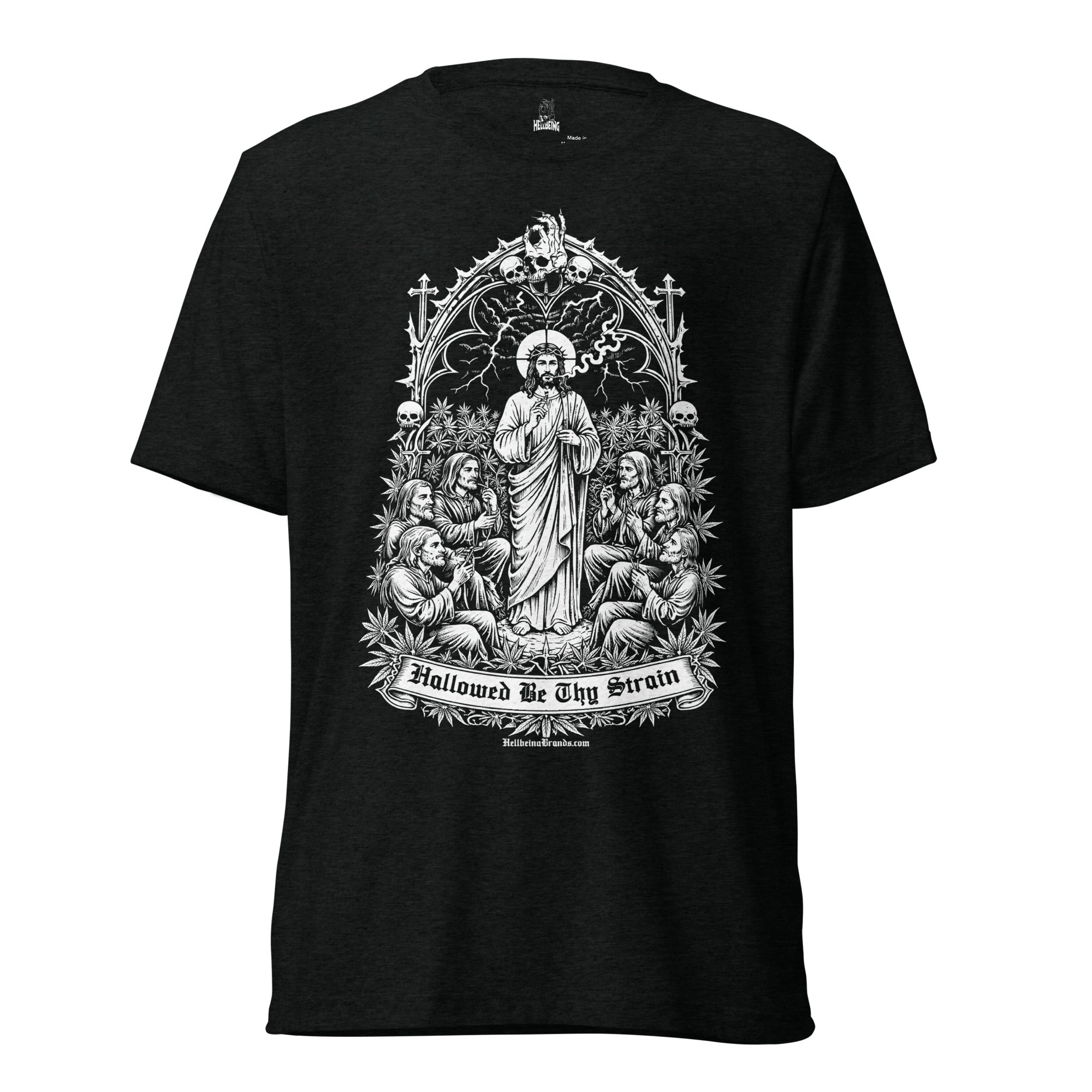 Hallowed Be Thy Strain black tri-blend t-shirt, front view