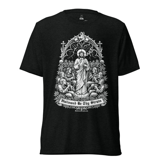 Hellbeing Hallowed Be Thy Strain solid black tri-blend t-shirt, front view