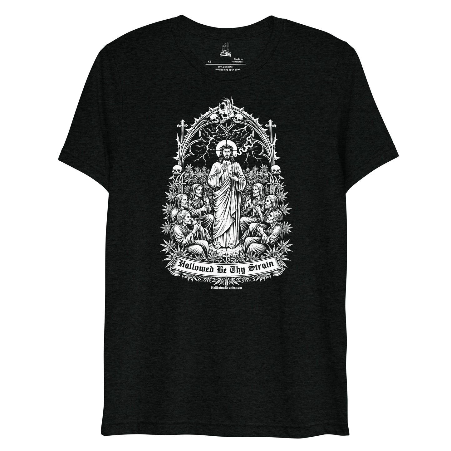 Hellbeing Hallowed Be Thy Strain solid black tri-blend t-shirt, alternate front view