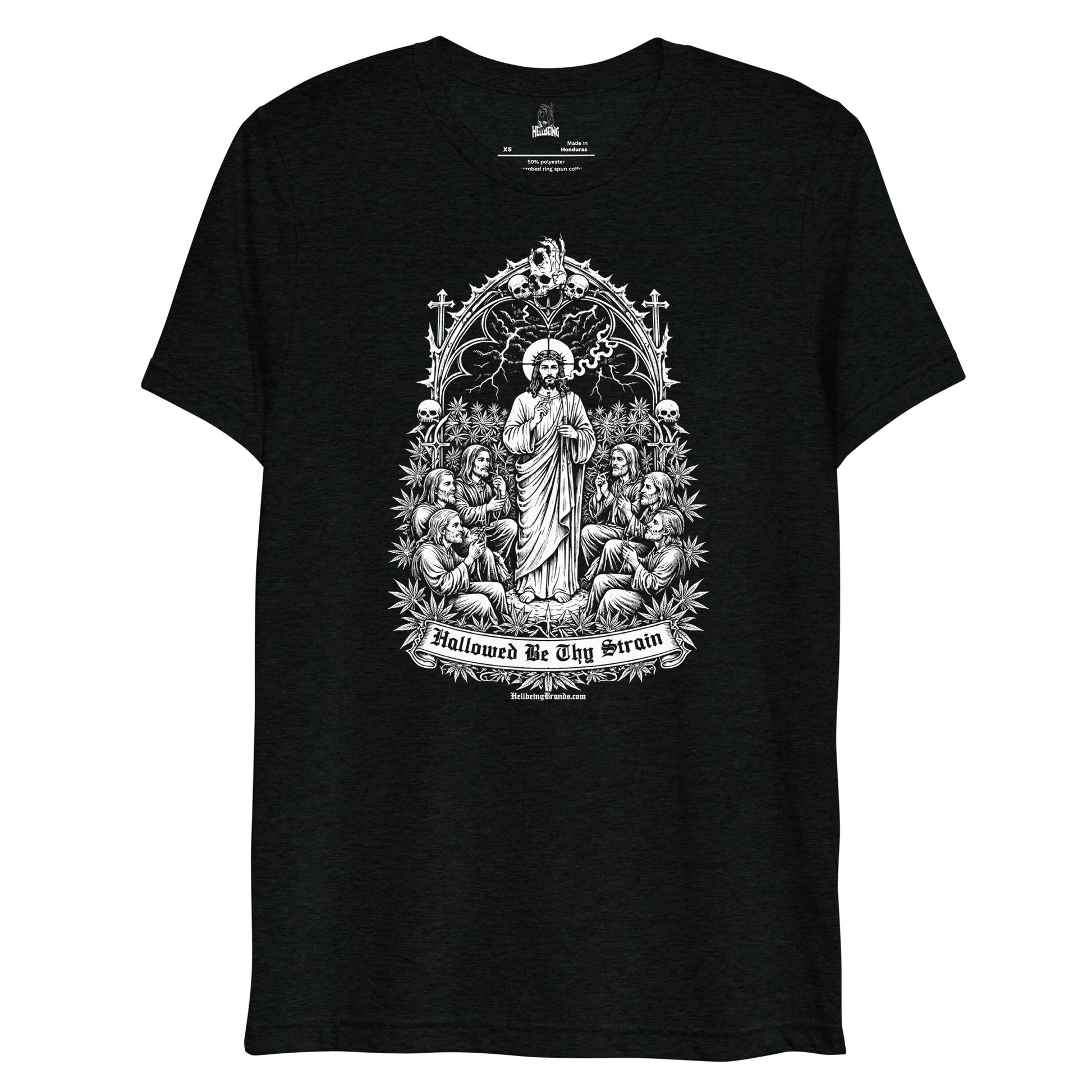 Hellbeing Hallowed Be Thy Strain solid black tri-blend t-shirt, alternate front view