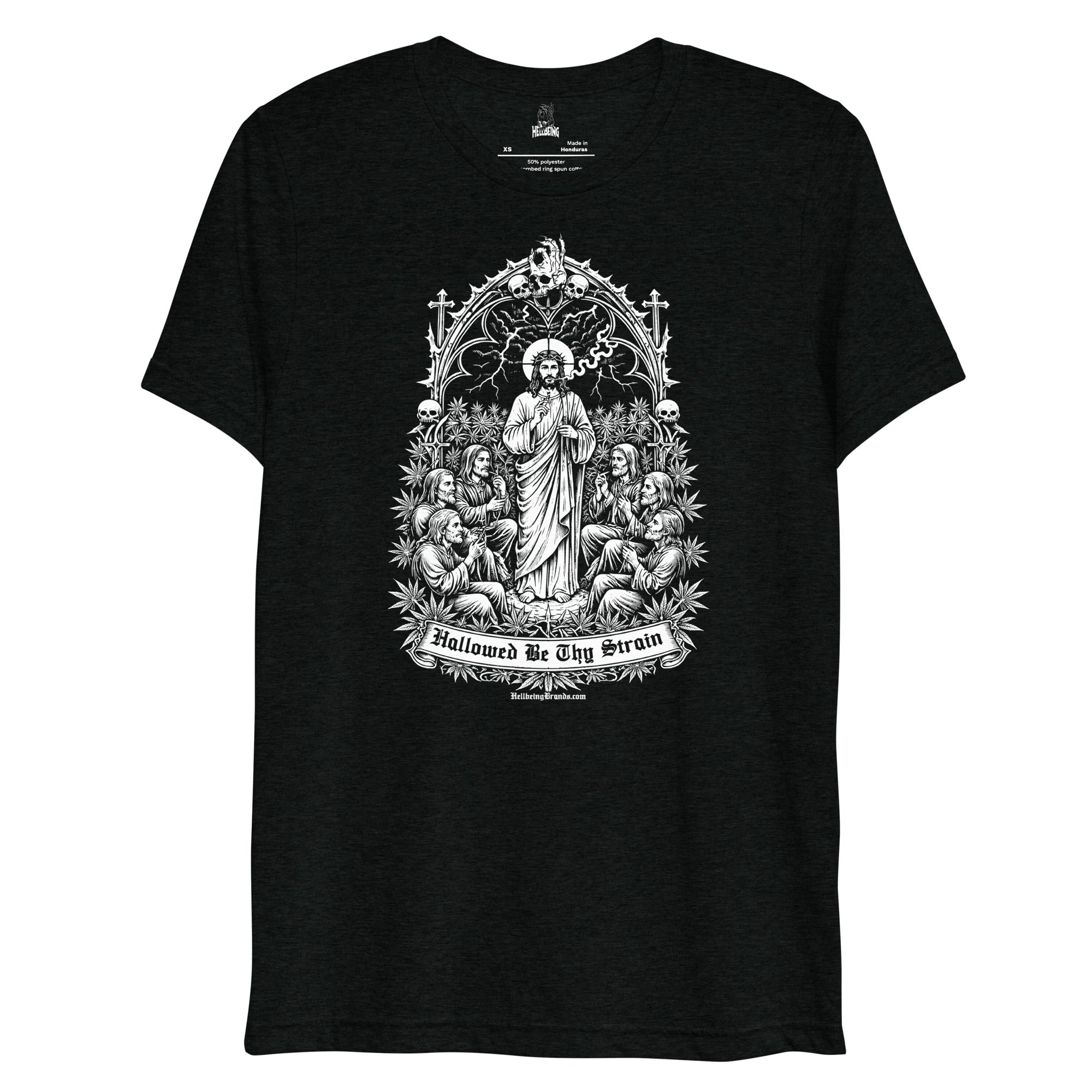 Hallowed Be Thy Strain black tri-blend t-shirt, front design view