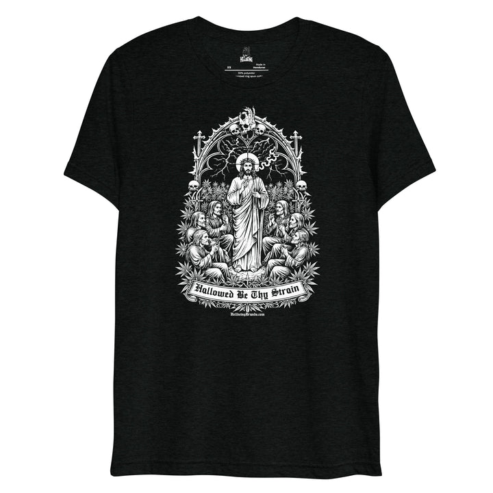Hallowed Be Thy Strain black tri-blend t-shirt, front design view